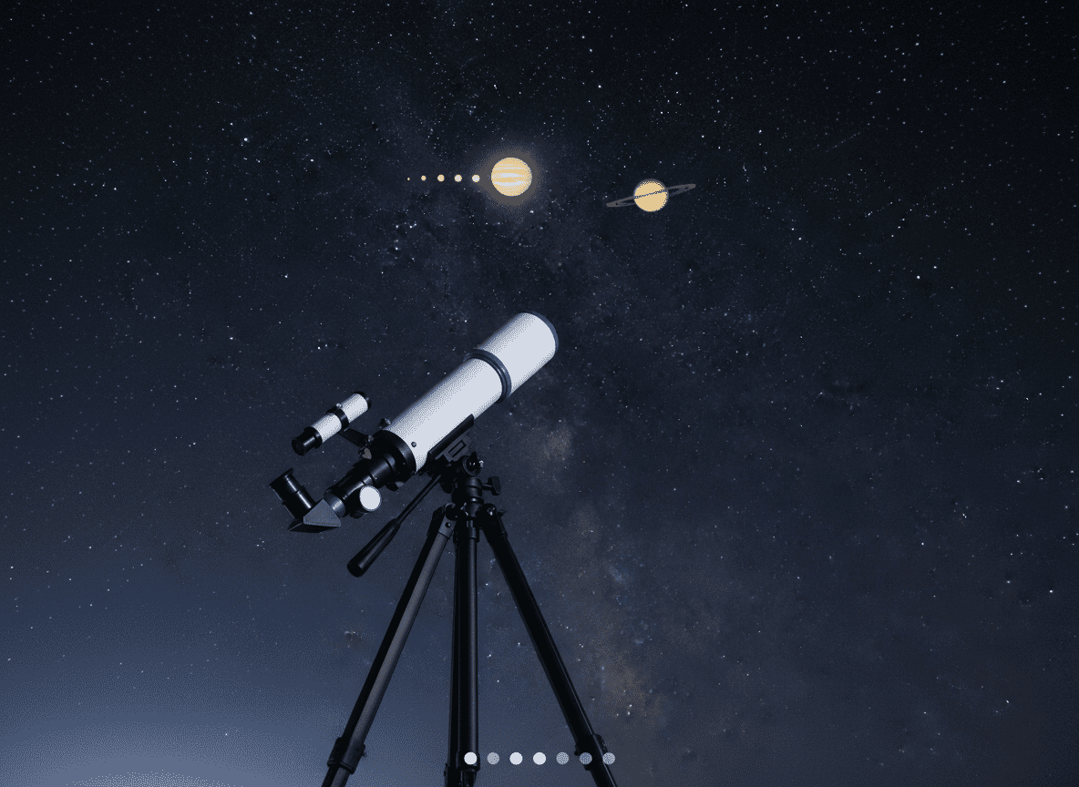 A white telescope on a tripod points toward a starry night sky, with vivid illustrations of Jupiter and Saturn highlighted among the stars, inviting exploration through the lens of the telescope.