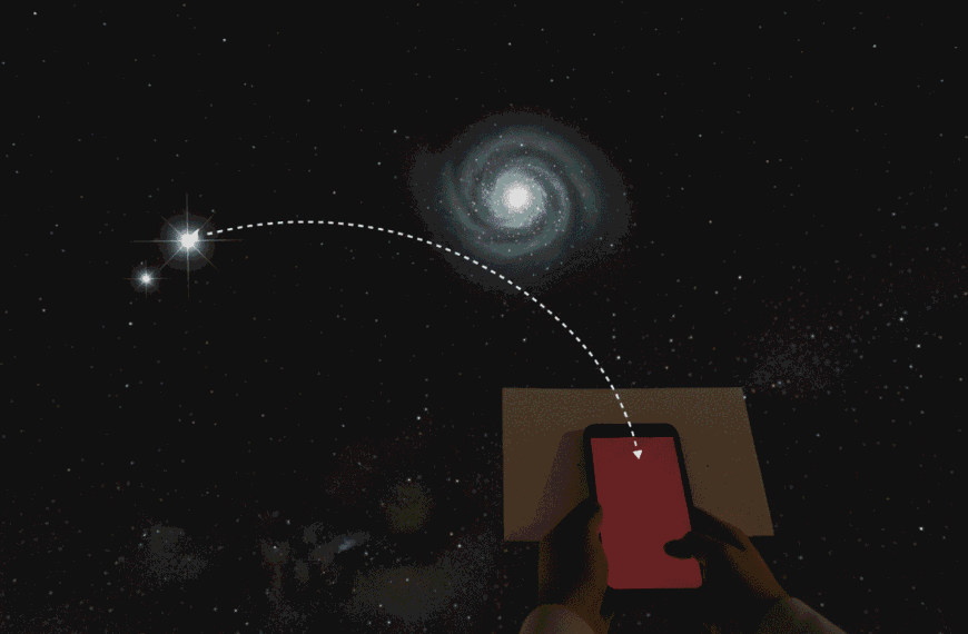 Hands hold a smartphone pointed at the night sky, with a dotted line connecting stars and a distant galaxy above to the device, suggesting data or signal transfer across the sky.