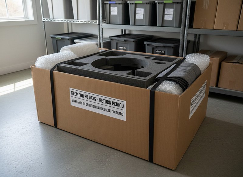 A large cardboard shipping box, possibly containing a telescope, sits on a warehouse floor filled with foam padding and bubble wrap. A label reads, "KEEP FOR 30 DAYS - RETURN PERIOD," with shelves and storage bins in the background.