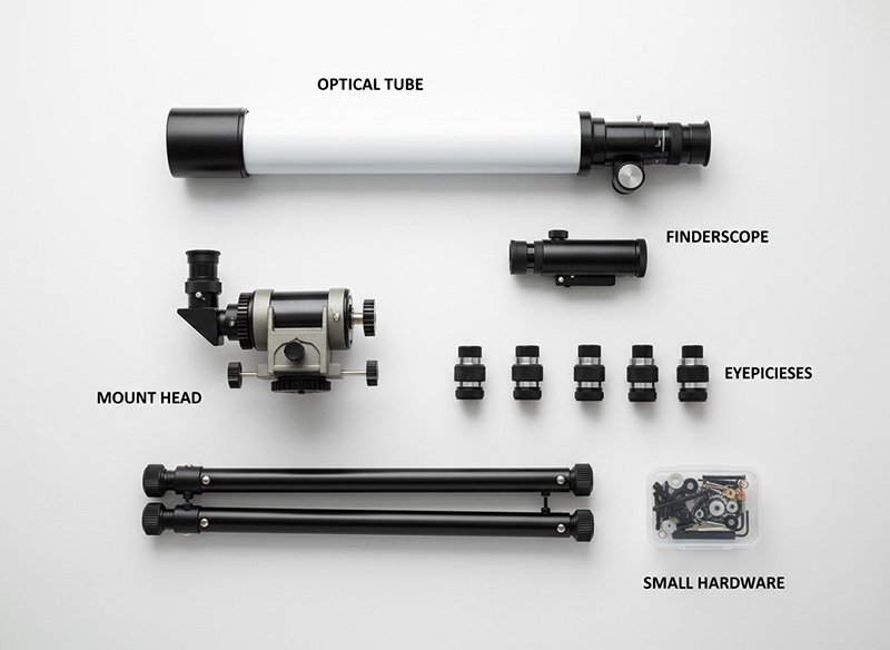 Telescope kit components laid out: optical tube, mount head, finderscope, four eyepieces, tripod legs, and a container of small hardware, each clearly labeled.