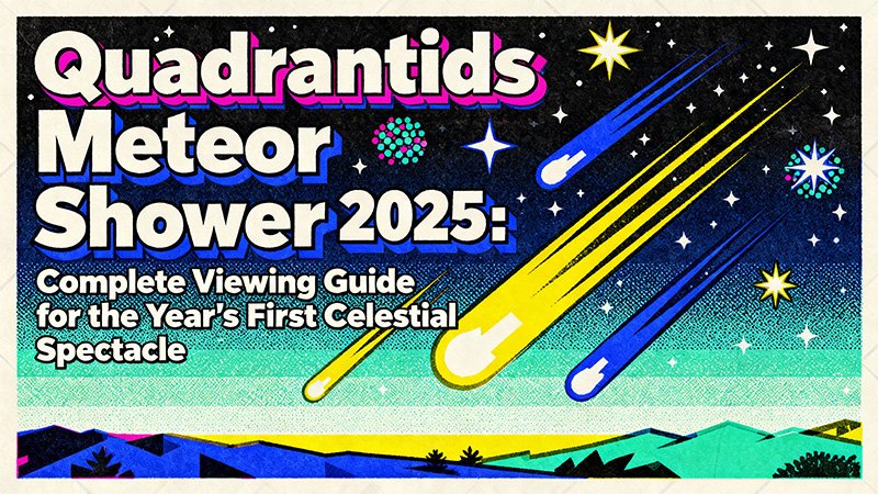 Illustrated poster with vibrant meteors streaking across the night sky, highlighting the Quadrantids Meteor Shower 2025 Viewing Guide for an unforgettable stargazing experience.