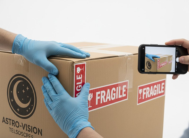 Two hands in blue gloves seal a large cardboard box labeled "FRAGILE" and "ASTRO-VISION TELESCOPES," preparing the telescope shipment as another person photographs the box with a smartphone.