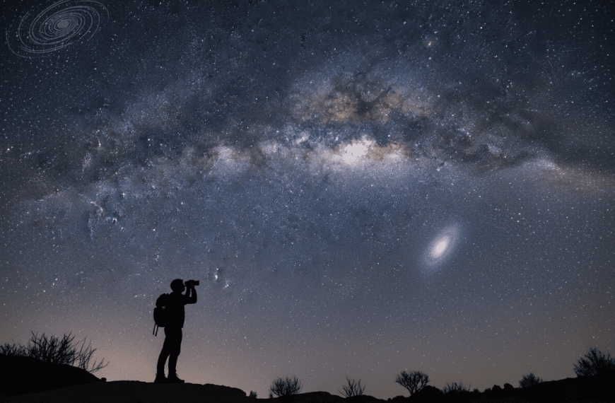 A silhouette of a person with a backpack looks at a star-filled night sky, marveling at the glowing galaxies overhead, while standing on uneven ground dotted with sparse bushes.