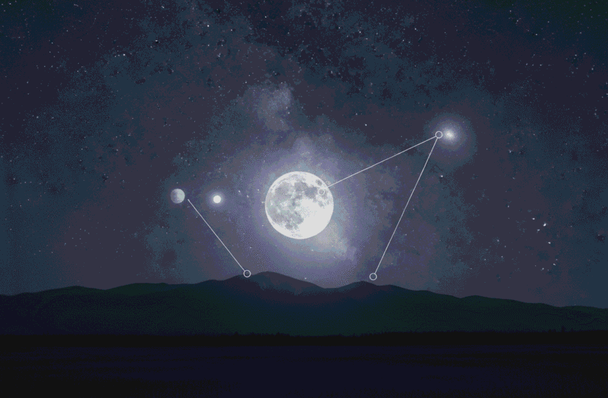 A night sky over mountains shows the moon and stars with lines connecting them to form a constellation, all set against the mesmerizing backdrop of the Milky Way sky.