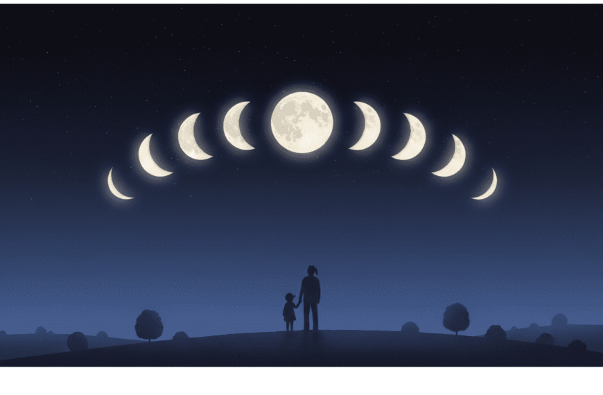 Silhouettes of an adult and child stand on a hill at night, gazing at the phases of the Moon displayed in an arc above them against a starry sky.