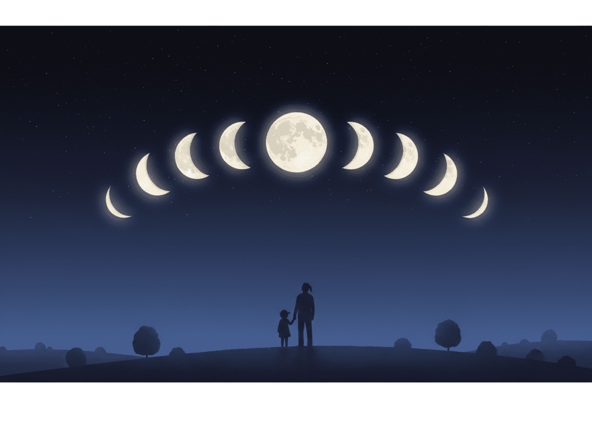 Silhouettes of an adult and child stand on a hill at night, gazing at the phases of the Moon displayed in an arc above them against a starry sky.