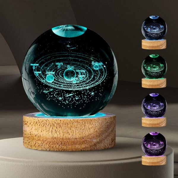 The 3D Solar System Crystal Ball Night Light features a unique 60mm galaxy planets glass ball with 16 color options and remote control—perfect astronomy decor or a cool gift for boys, girls, friends on birthdays or Christmas.