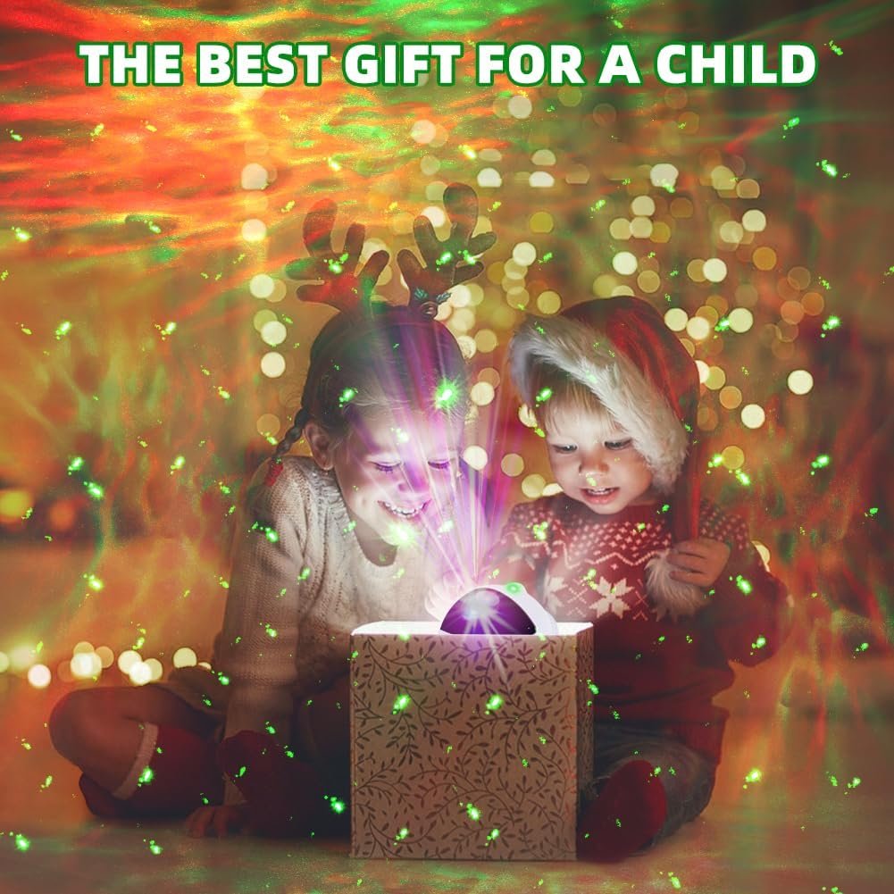 Two children, one in antler headband and one in a Santa hat, sit together, excitedly looking into a glowing gift box. Text reads: "THE BEST GIFT FOR A CHILD.