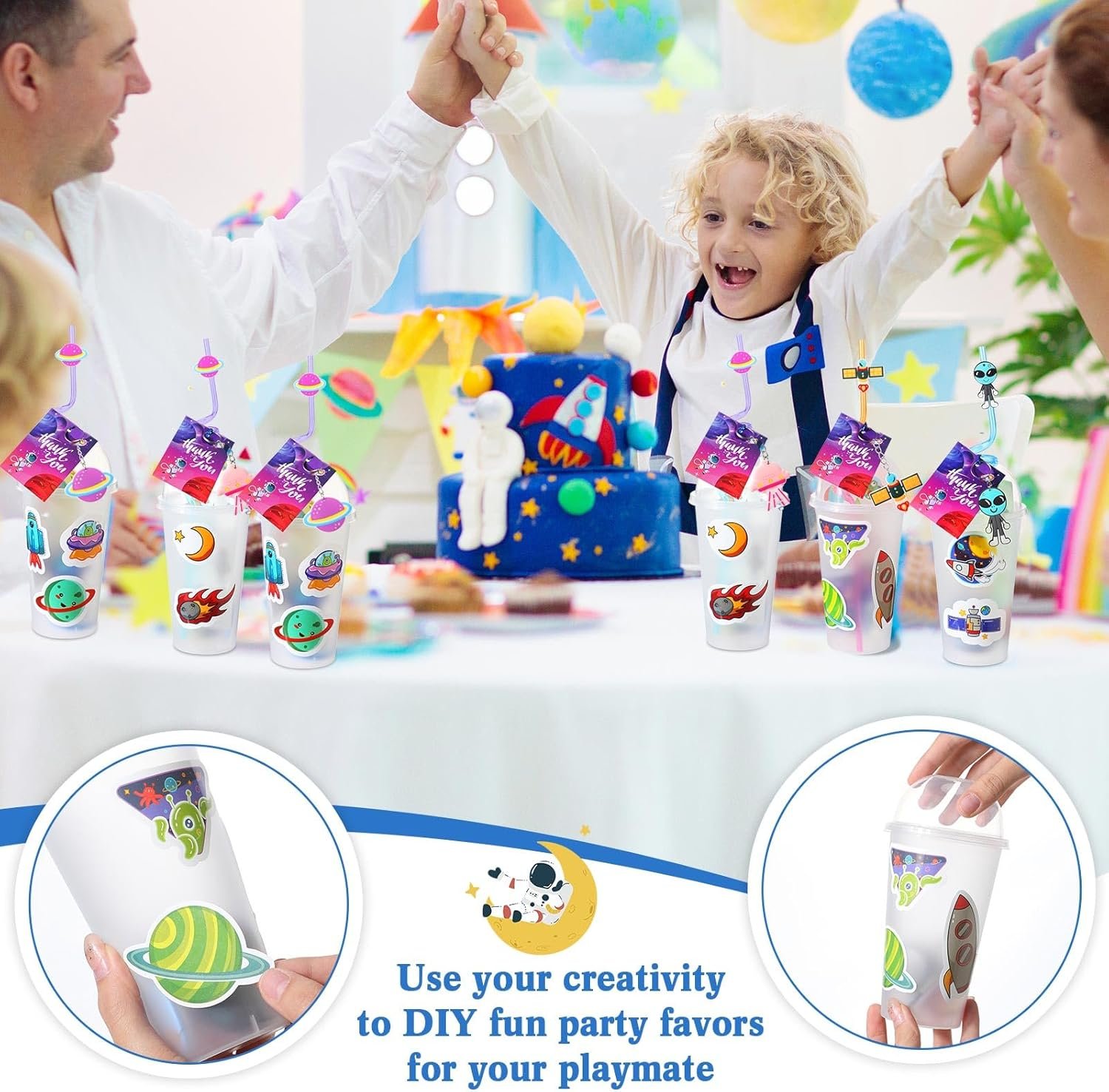 A child celebrates at a decorated birthday party table with adults, surrounded by cups and decorations with a space theme. Instructions for DIY party favors are shown below.