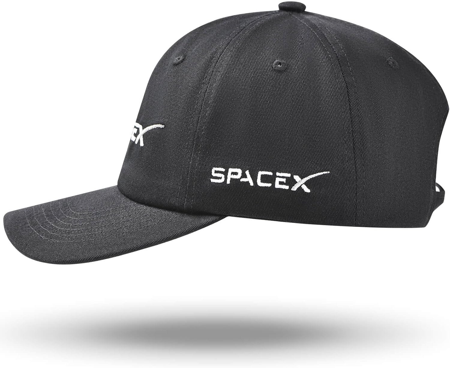 A black baseball cap with the word "SPACEX" embroidered in white on the front, shown against a white background.