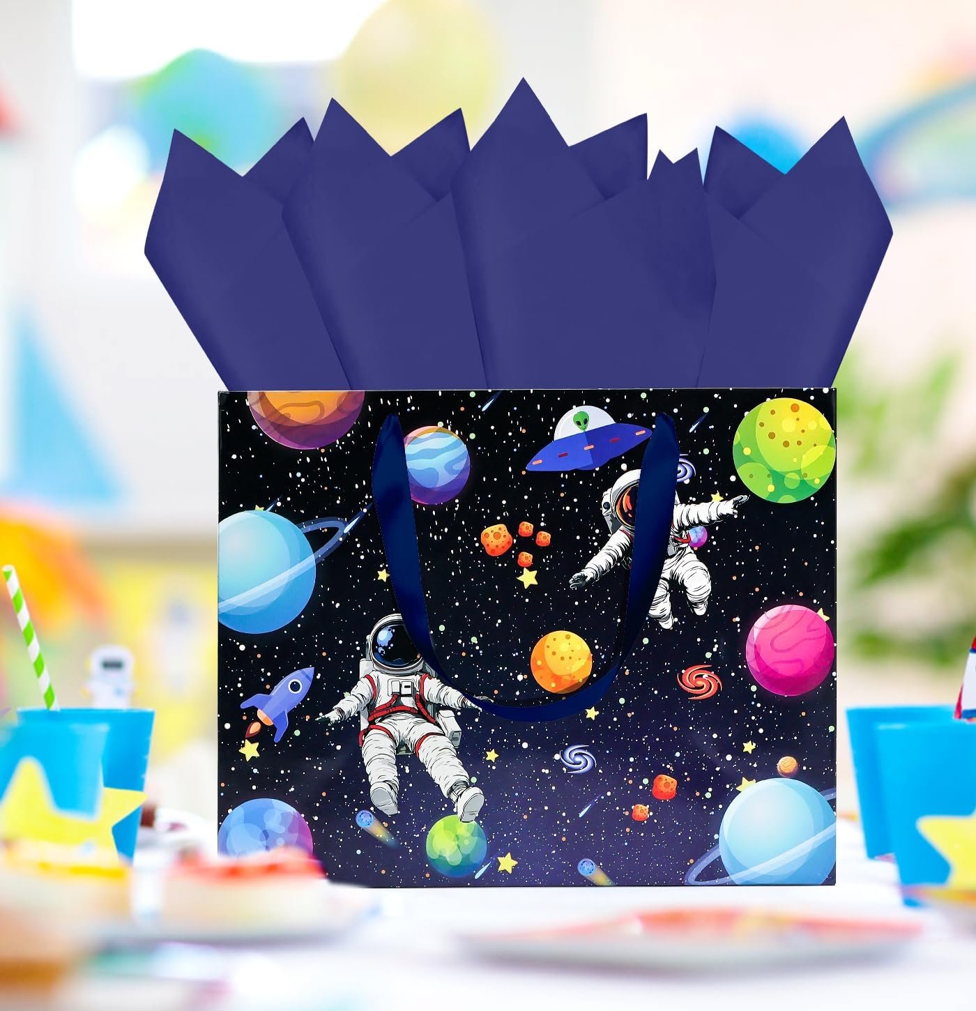 MUNILAIL 13 Inches Space Gift Bag Large Gift Bag with Handle Tissue Paper and Greeting Card for Boys Girls Birthday Outer Space Themed Party Large Paper Gift Bag