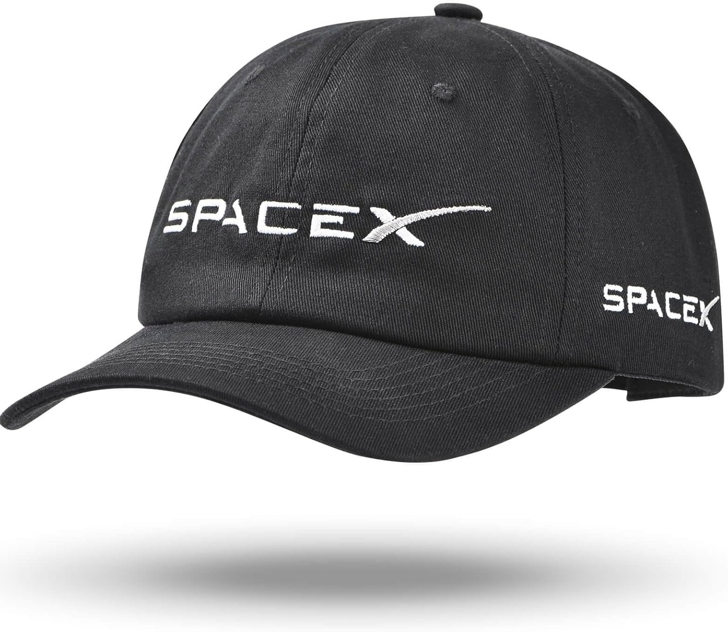 A black baseball cap with the SpaceX logo embroidered in white on the front and side.