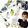 A smiling boy holds a toy rocket. The image also shows toy astronauts, a space shuttle, and the toy set’s packaging labeled "Space Adventure Team.