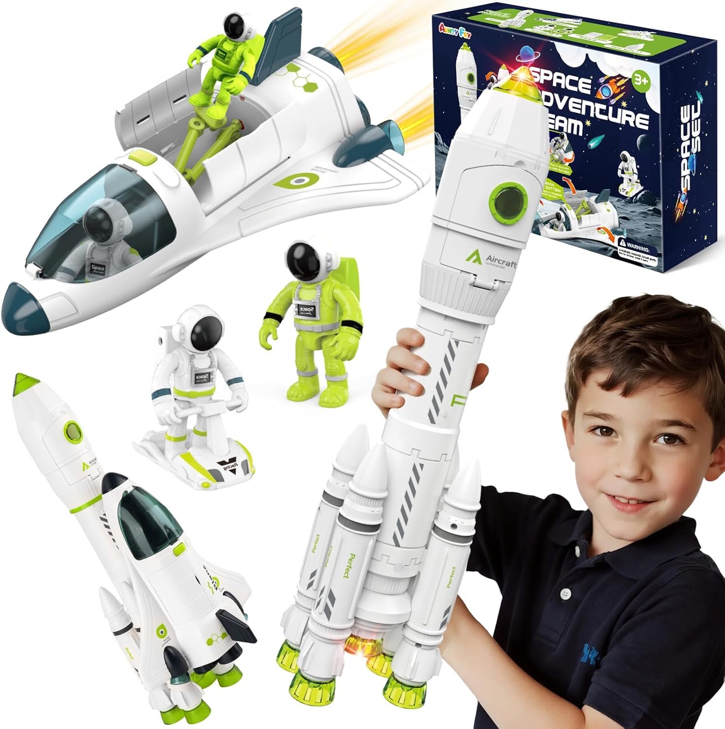 Space Rocket Ship Toys for Kids, Space Toys Shuttle for Kids 3-5-7 with 2 Astronaut Figures, Spaceship with Glowing & Sound Effect, Educational Stem Gift for Boy Girl