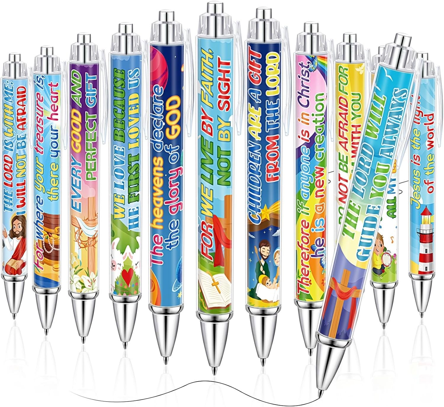 A set of 12 colorful retractable pens, each decorated with illustrations and inspirational Bible verses.
