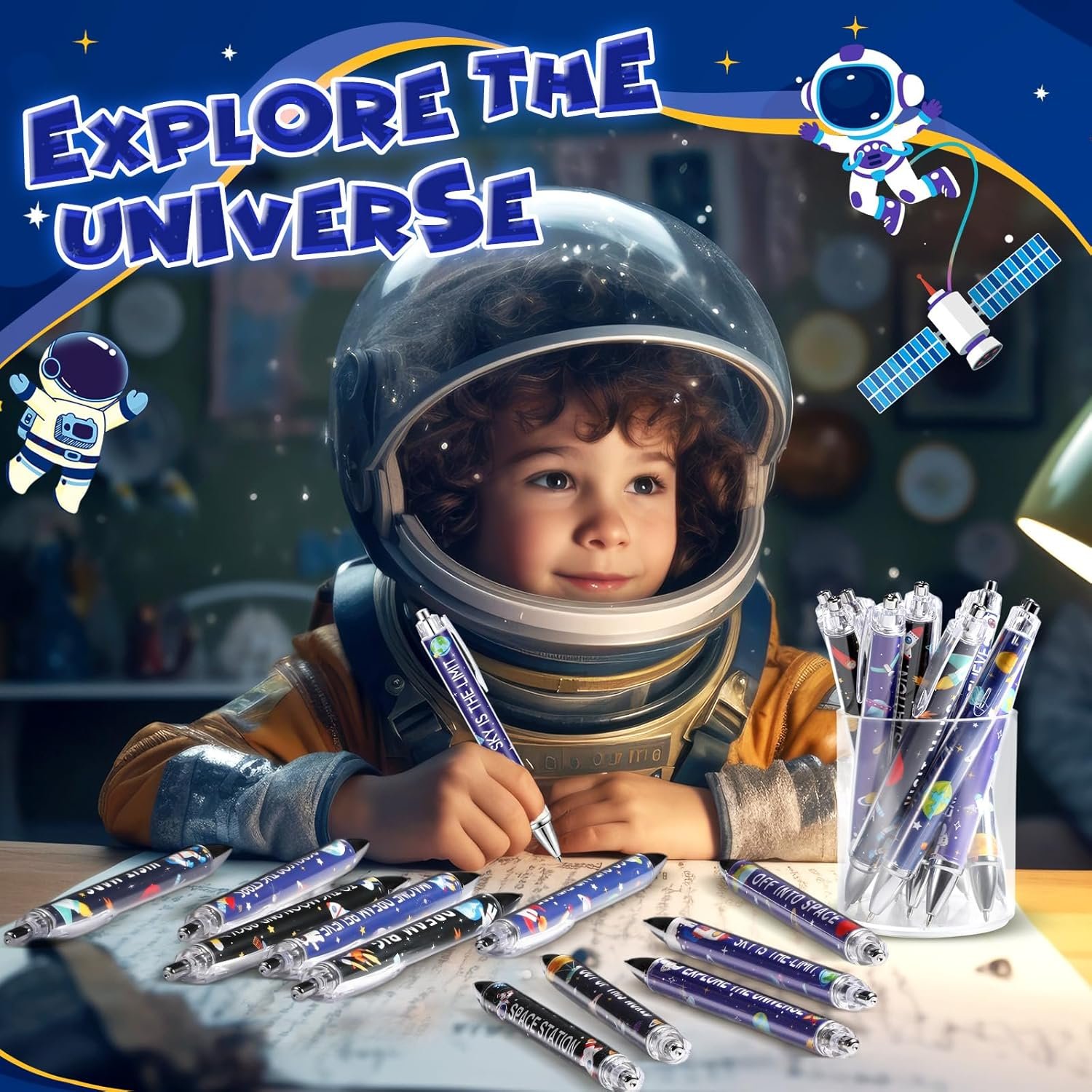 A child in an astronaut helmet sits at a desk with "Explore the Universe" pens, surrounded by space-themed decorations and illustrations of astronauts and satellites.