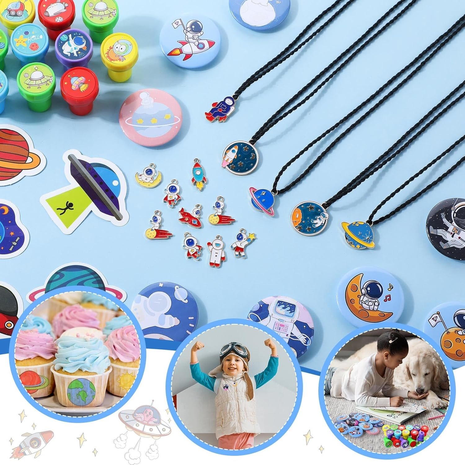 Syhood 211 Pcs Space with Gift Cup Tattoos Slap Bracelet Astronaut Straw Pendants Badges Stamp Keychains Bouncy Ball Thank You Cards for Galaxy Birthday Supplies