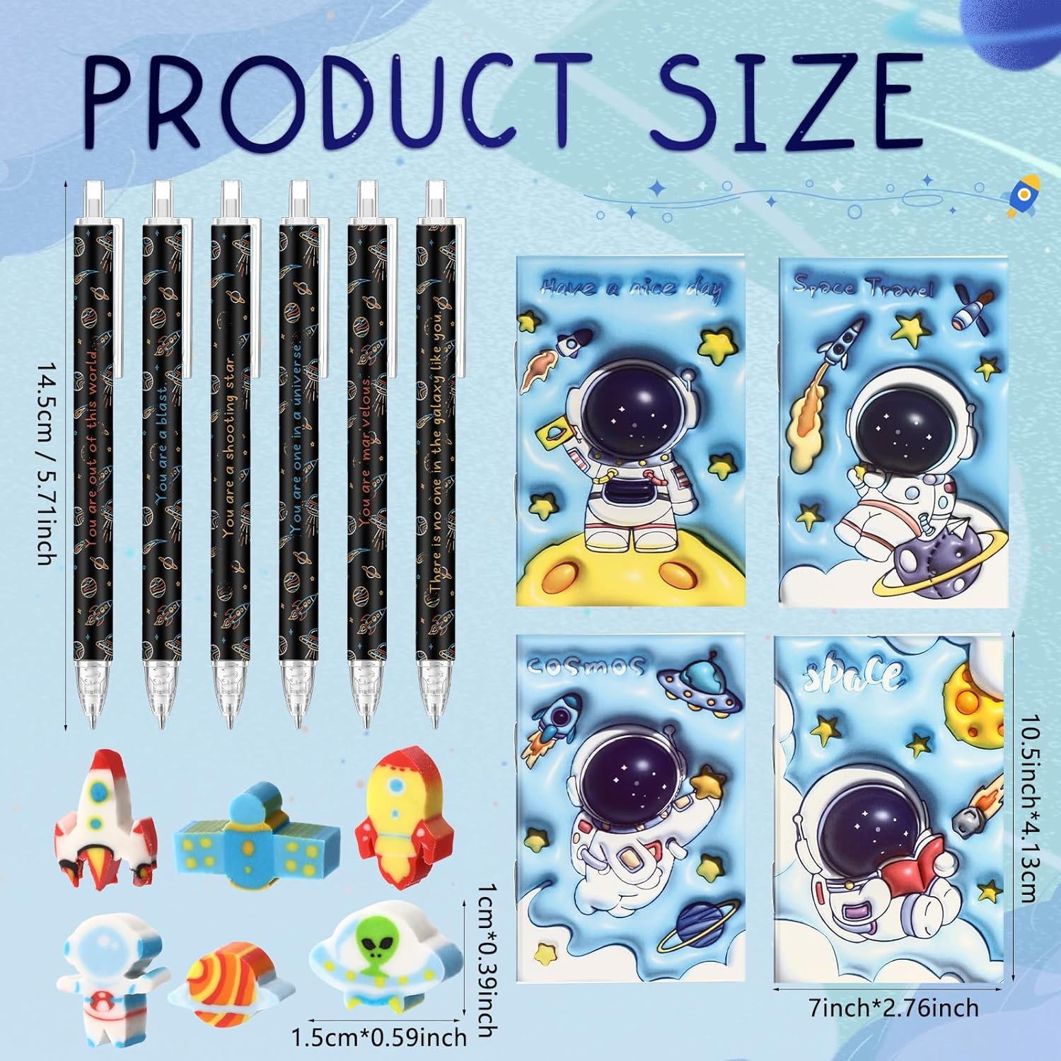 A set of six black pens, four astronaut-themed erasers, and four colorful astronaut-themed notebooks with measurements displayed in inches and centimeters.