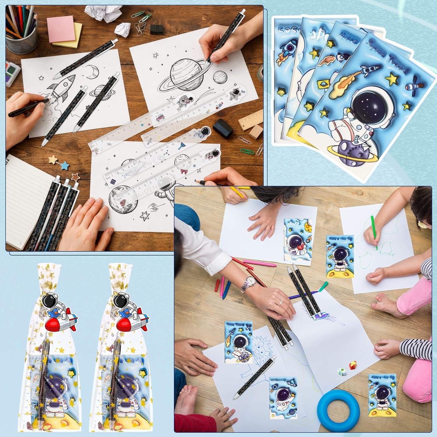 24 Sets Space Theme Favor Bulk Space Party Galaxy Planet Mini Notebooks Ruler Eraser Astronaut Cards for Birthday Party Supplies