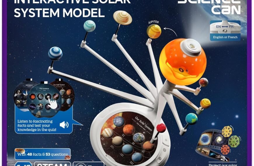 Box of an "Interactive Solar System Model" toy by Science Can, showing a model of the solar system with planets and a projector feature for children aged 6-12.