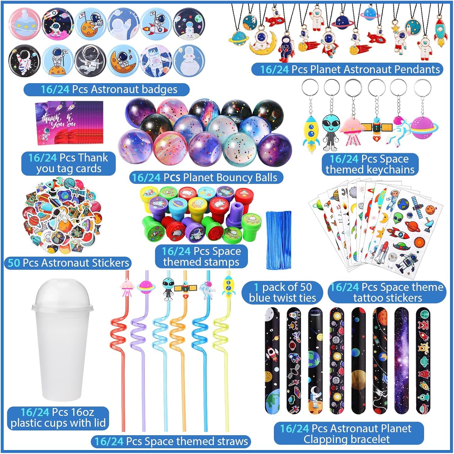 Assorted space-themed party favors, including badges, pendants, name tags, bouncy balls, stamps, keychains, stickers, straws, cups, bracelets, and blue twist ties, displayed in labeled groups.