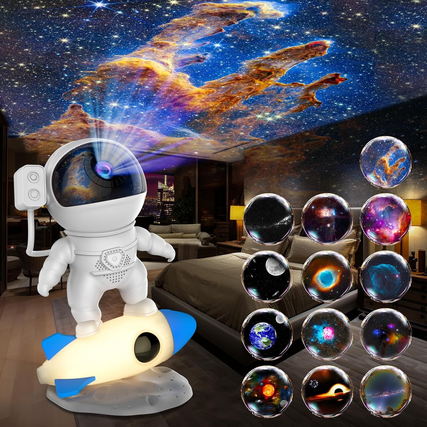 Aimetoile Astronaut Galaxy Projector Light for Bedroom, 12-in-1 HD Nebula Northern Lights Projector with 360° Rotating Projection, Fixed Rocket Night Light with Timer, Gift for Boys Girls Kids