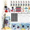 A collection of astronaut-themed stationery items including pencils, pens, rulers, erasers, notebooks, stickers, keychains, and gift bags arranged in rows.