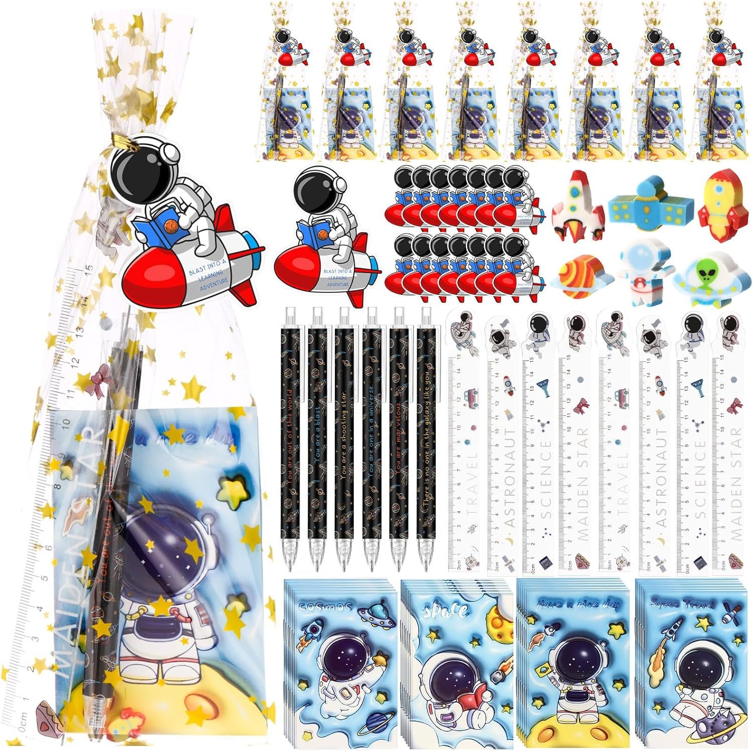 24 Sets Space Theme Favor Bulk Space Party Galaxy Planet Mini Notebooks Ruler Eraser Astronaut Cards for Birthday Party Supplies
