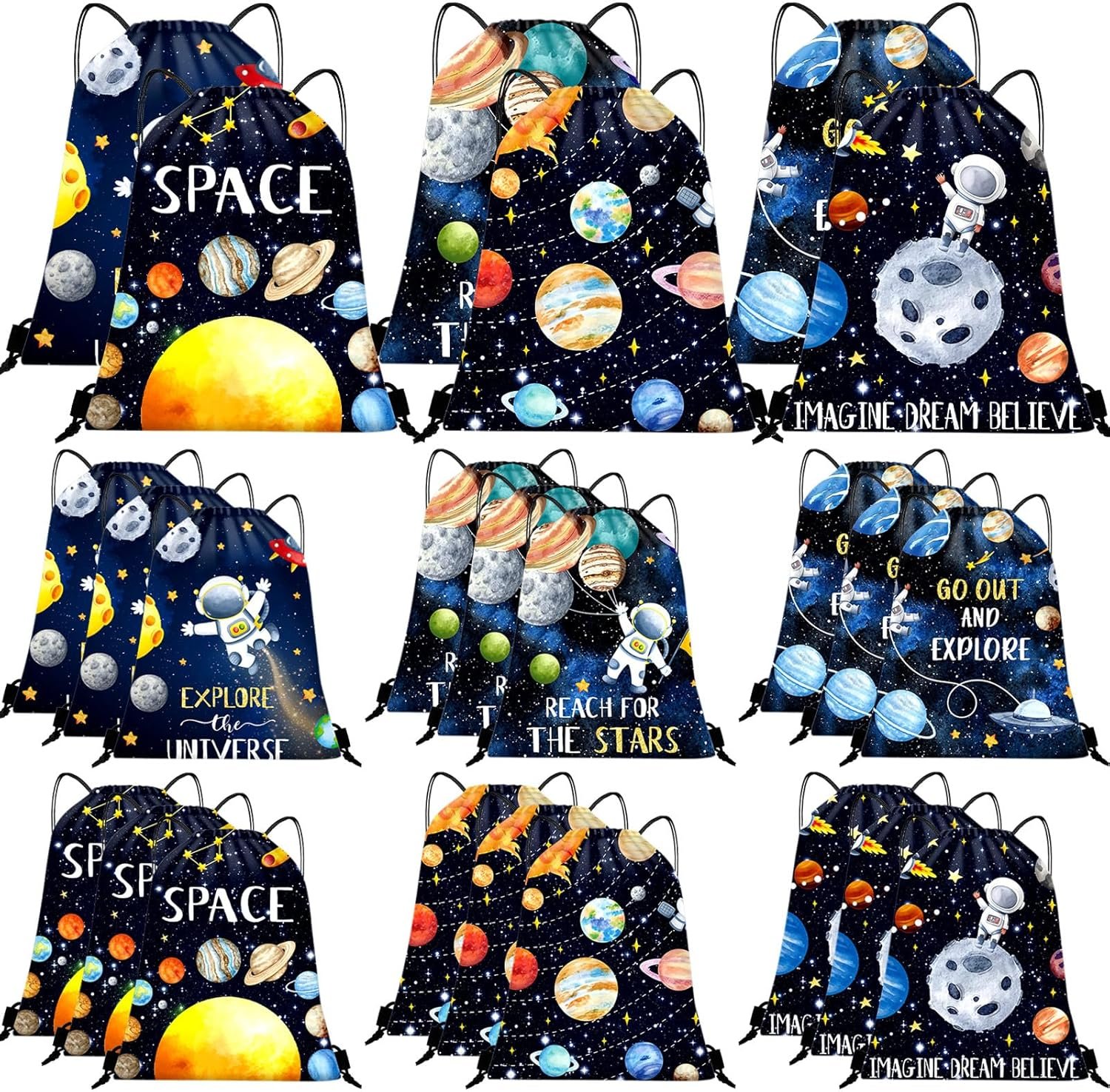 Nine drawstring backpacks with colorful space-themed designs, featuring planets, stars, astronauts, rockets, and inspirational phrases such as "Explore the Universe" and "Reach for the Stars.