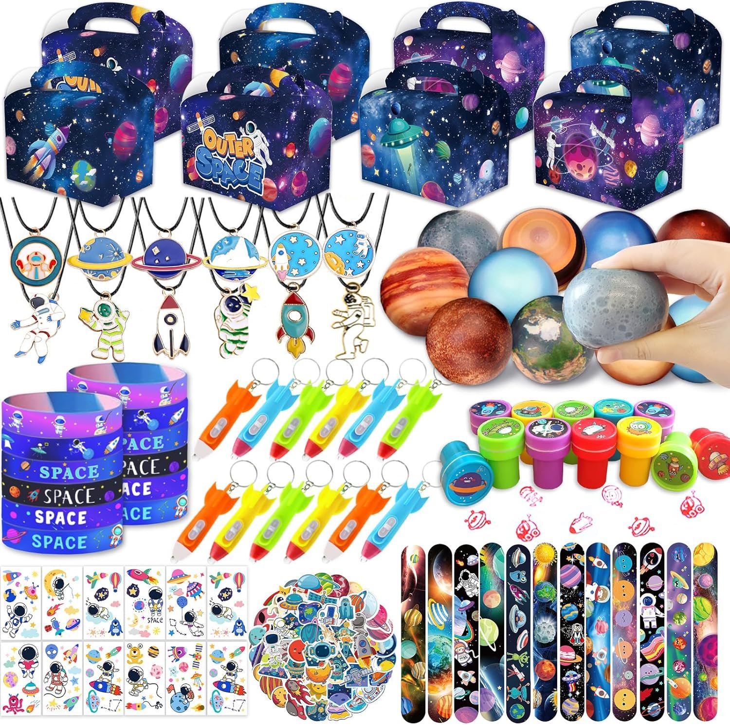 Bluegogo 151Pcs Space Party Favors, Space Birthday Party Decorations Include Stress Ball Bracelet Tattoo Stickers Stamp, Necklace, Rocket Keychain Gift Box for Kids Space Party Supplies