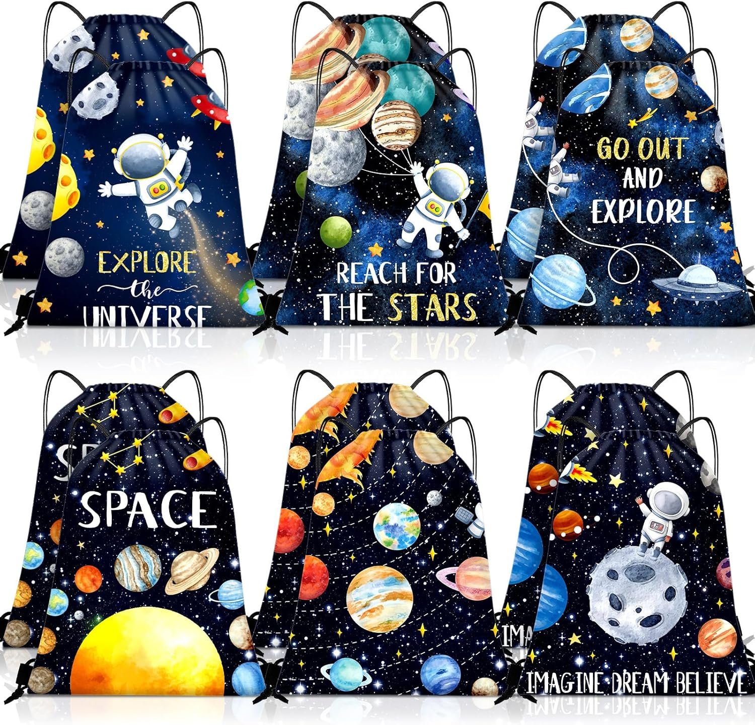 Paterr 12 Pcs Outer Space Party Favors Astronaut Drawstring Backpack for Kids Birthday Astronaut Return Goodie Bags Galaxy Space Gift Bag for Baby Shower Supplies Candy Treat
