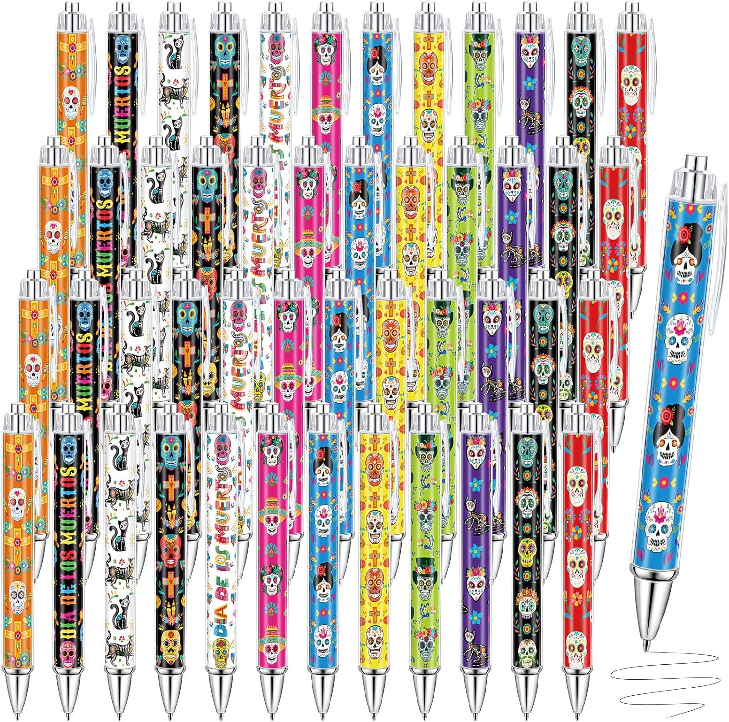 A collection of colorful pens decorated with Day of the Dead skull and skeleton designs, displayed in rows, with one pen and a spring shown separately on the right.