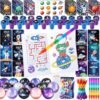 Assorted outer space-themed stationery and toys, including stamps, stickers, coloring pages, pens, bouncy balls, and coloring markers, arranged neatly on a white background.