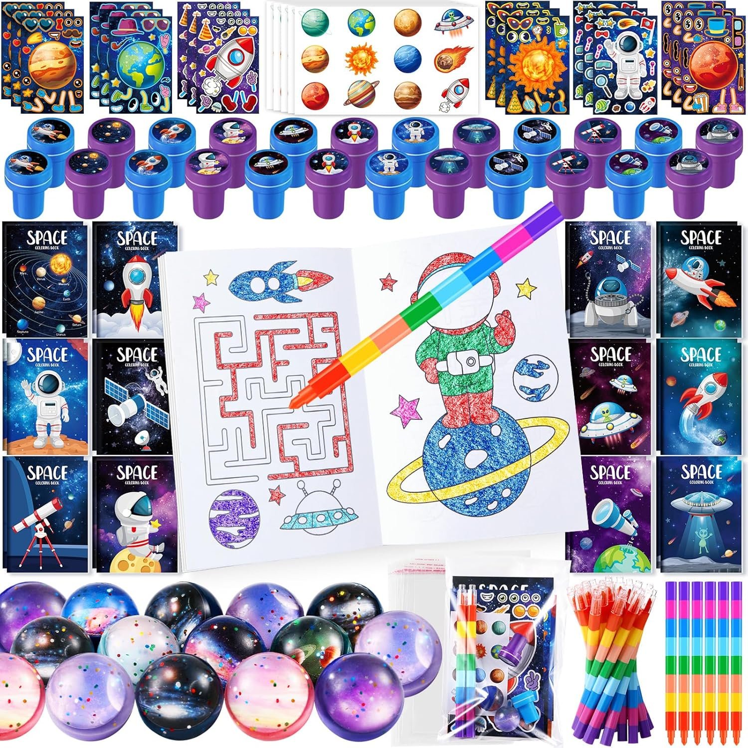 BenLouis 84Pcs Outer Space Themed Party Favors Space Alien Coloring Books Crayons Sticker Stampers Set Bulk Classroom Prizes for Kids Astronaut Planet Birthday Party Goodie Bags Fillers