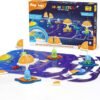 A solar system board game set with colorful planets, alien figures, informational flags, and a box labeled "Mapology Solar System" for ages 4 and up.