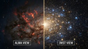 Side-by-side comparison of the same region in space: the ALMA view shows red gas clouds, while the JWST view reveals many stars and distant galaxies in sharp detail.