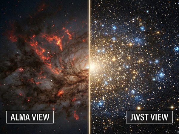 Side-by-side comparison of the same region in space: the ALMA view shows red gas clouds, while the JWST view reveals many stars and distant galaxies in sharp detail.