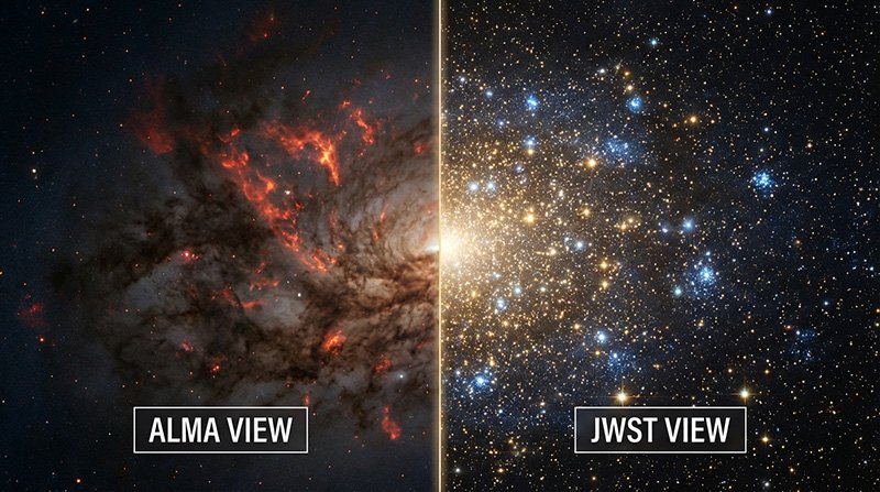 Side-by-side comparison of the same region in space: the ALMA view shows red gas clouds, while the JWST view reveals many stars and distant galaxies in sharp detail.