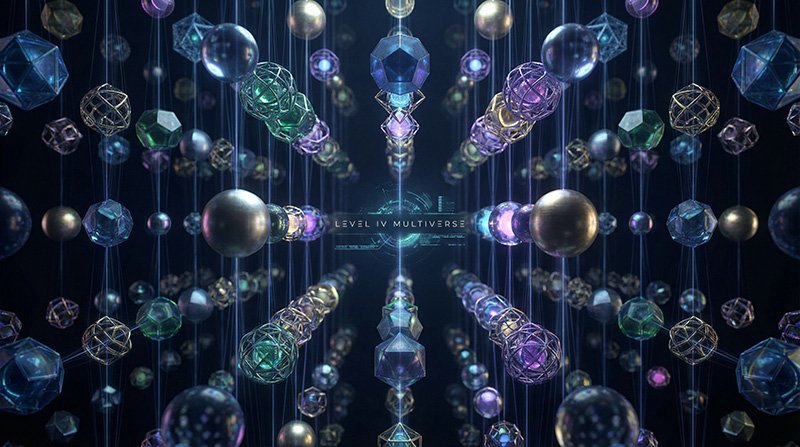 A digital artwork displays numerous floating geometric shapes and spheres in a symmetrical pattern, with the words "Level IV Multiverse" in the center.