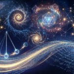 A digital illustration of galaxies, geometric shapes, binary code, mathematical formulas, and a grid evokes the Mathematical Universe Hypothesis, representing concepts in physics, mathematics, and the cosmos.