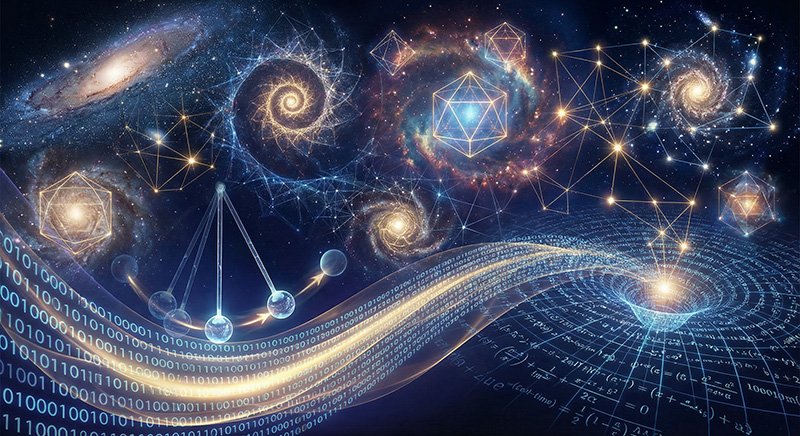 A digital illustration of galaxies, geometric shapes, binary code, mathematical formulas, and a grid evokes the Mathematical Universe Hypothesis, representing concepts in physics, mathematics, and the cosmos.