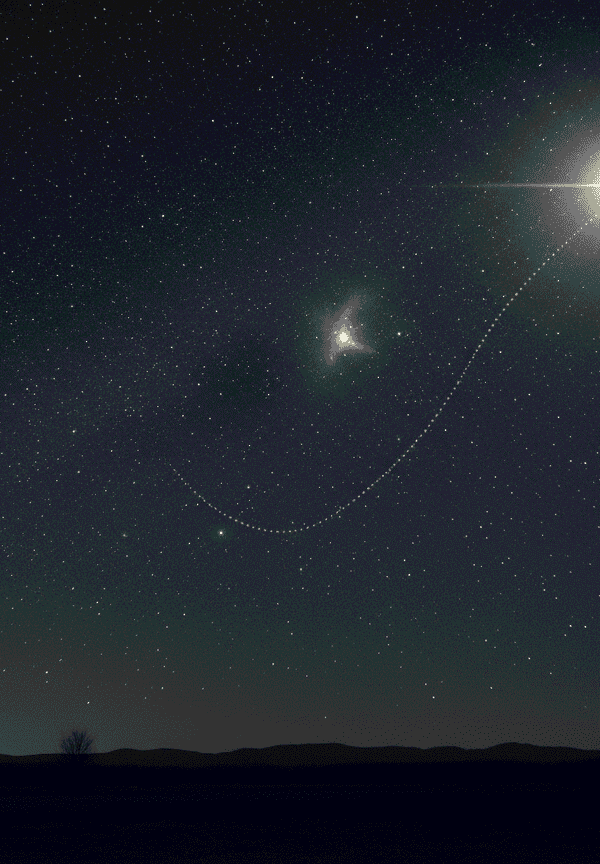 A person uses a telescope at night under a starry sky, observing a bright moon with a visible path traced between celestial bodies across the vast sky.