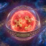 A glowing red dwarf star is encased in a glass dome labeled "Time Capsule: Red Dwarf," surrounded by galaxies, vibrant cosmic clouds, and distant stars scattered across the depths of space.