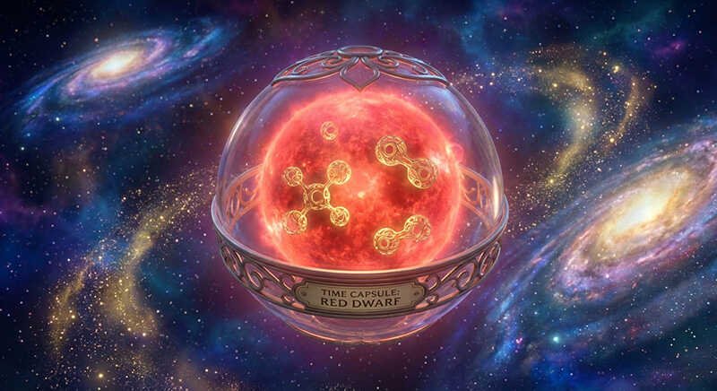A glowing red dwarf star is encased in a glass dome labeled "Time Capsule: Red Dwarf," surrounded by galaxies, vibrant cosmic clouds, and distant stars scattered across the depths of space.