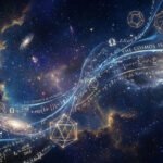A depiction of outer space with galaxies, mathematical equations, and geometric shapes superimposed, illustrating the connection between mathematical reality and the universe in a minimalist universe setting.