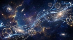 A depiction of outer space with galaxies, mathematical equations, and geometric shapes superimposed, illustrating the connection between mathematical reality and the universe in a minimalist universe setting.
