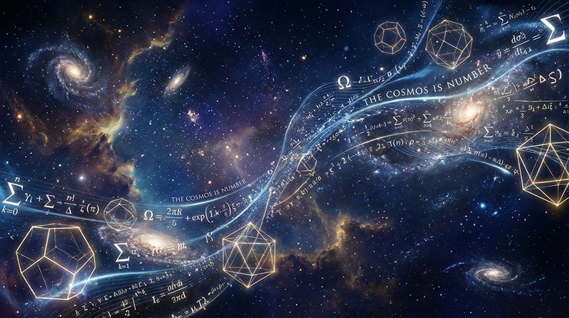 A depiction of outer space with galaxies, mathematical equations, and geometric shapes superimposed, illustrating the connection between mathematical reality and the universe in a minimalist universe setting.