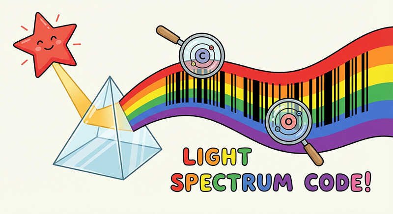 A cartoon star shines light through a prism, creating a rainbow spectrum with a barcode; two magnifying glasses examine the colorful stars and spectrum. Text reads "Light Spectrum Code!".