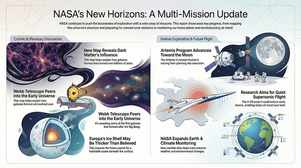 Today’s NASA News: Artemis Moon Missions, Dark Matter Research, and New Space Science Updates 1 Infographic titled “NASA’s New Horizons: A Multi-Mission Update” summarizes current NASA News on cosmic observation, planetary discovery, human exploration, future flight, and climate monitoring.