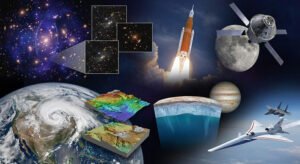 A collage featuring deep space, satellites, rocket launch, the Moon, planets, Earth with weather patterns, topographical maps, and two jet planes—capturing highlights often seen in NASA News.